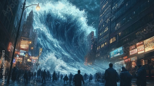 Massive wave inundates city street; people flee.