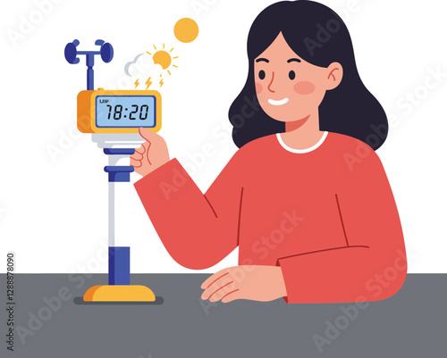 Young woman adjusting digital weather station with cheerful expression and modern design