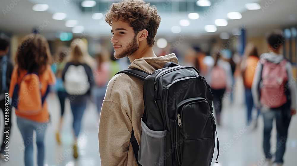 A teenage student with a backpack walking through a busy school hallway, looking back with a confident smile A teenage student with a backpack walking through a busy school hallway, looking back with a confident smile