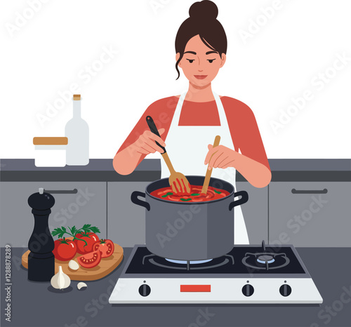 Young woman cooking tomato sauce in a modern kitchen using wooden spoons