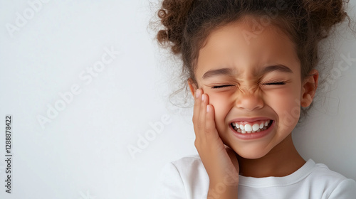 A young child clutching their cheek, wincing in pain, possibly from a toothache or dental issue.