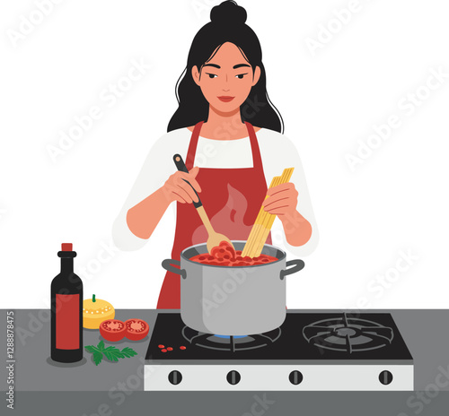 Woman cooking pasta with sauce in a kitchen setting, preparing a delicious meal