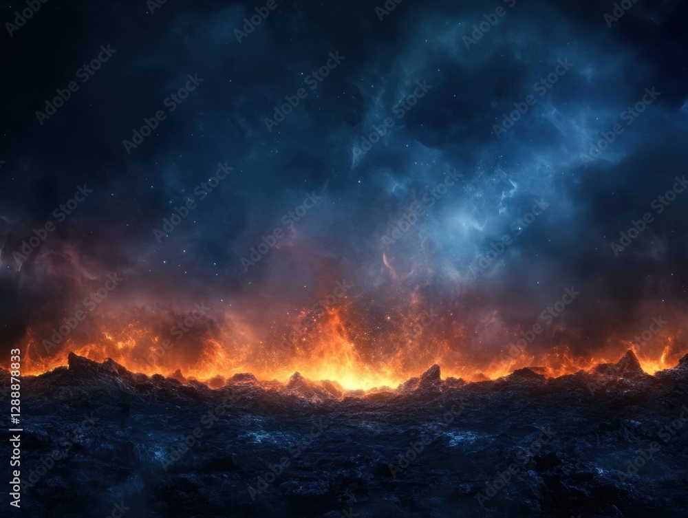 Naklejka premium Fiery cosmic landscape with intense flames rising against a backdrop of swirling nebula clouds