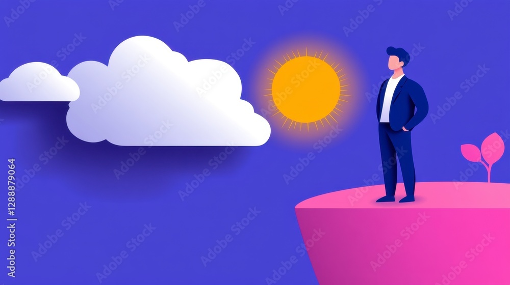 Obraz premium Businessman standing on a cliff, looking at a bright sun and clouds in a paper cut style illustration. Purple, pink, and yellow color palette