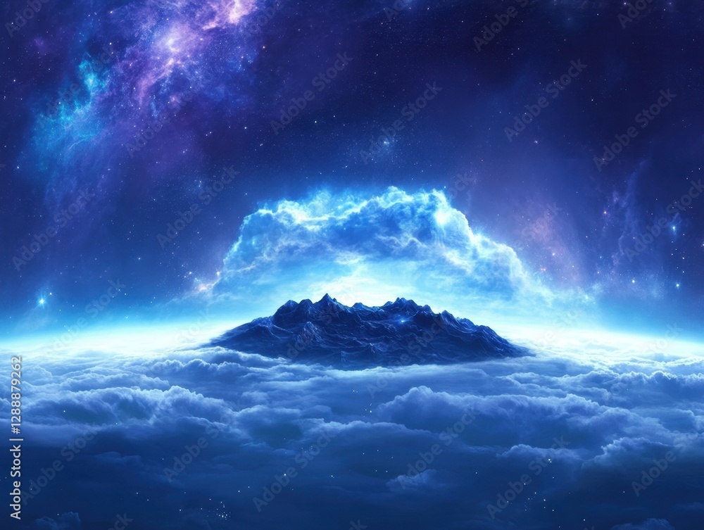 Naklejka premium Celestial Mountain: A dark mountain peak rises from a sea of clouds under a starry, vibrant sky