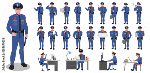 Police Officer Character Design Model Sheet. Man, Character design. Front, side, back view and explainer animation poses. Character set with lip sync and Walk cycle animation sequences.