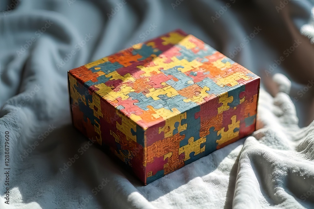 Obraz premium Colorful Puzzle Box on Light Fabric - A Thought-Provoking Design