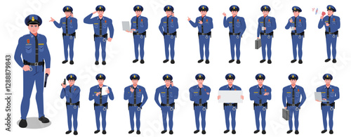 Police Officer Character Design Model Sheet. Man, Character design. Front, side, back view and explainer animation poses. Character set with lip sync and Walk cycle animation sequences.