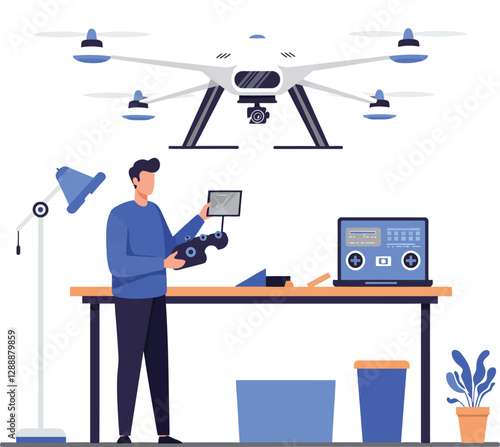 Man operating a drone while standing at a work table with tools and equipment