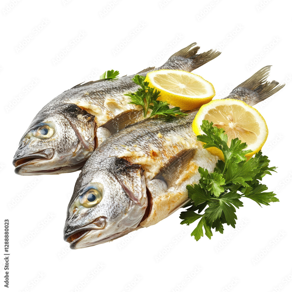 Isolated Pair of Baked Fish Garnished with Lemon and Herbs Isolated Pair of Baked Fish Garnished with Lemon and Herbs
