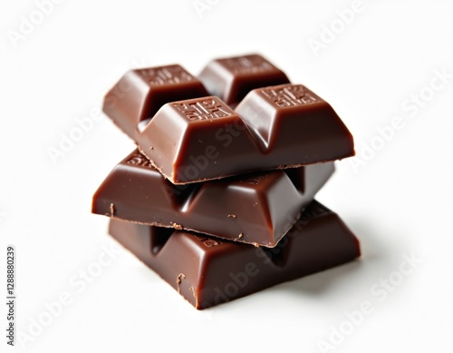 Stack of three chocolate pieces on white background. Dark cocoa bars with glossy surface and smooth texture stacked. Sweet dessert snack ingredient for candy shop. Treats and confectionery indulgence.