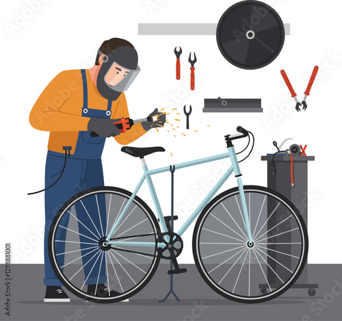 Mechanic repairing a bicycle in a workshop with tools and sparks flying