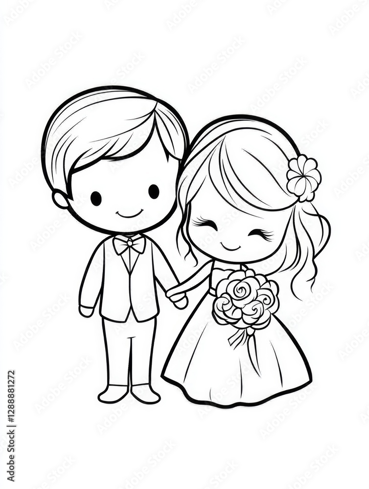 This beautiful black-and-white illustration showcases a lovely couple in wedding attire, symbolizing love and commitment as they hold hands, surrounded by blooms. This beautiful black-and-white illustration showcases a lovely couple in wedding attire, symbolizing love and commitment as they hold hands, surrounded by blooms.