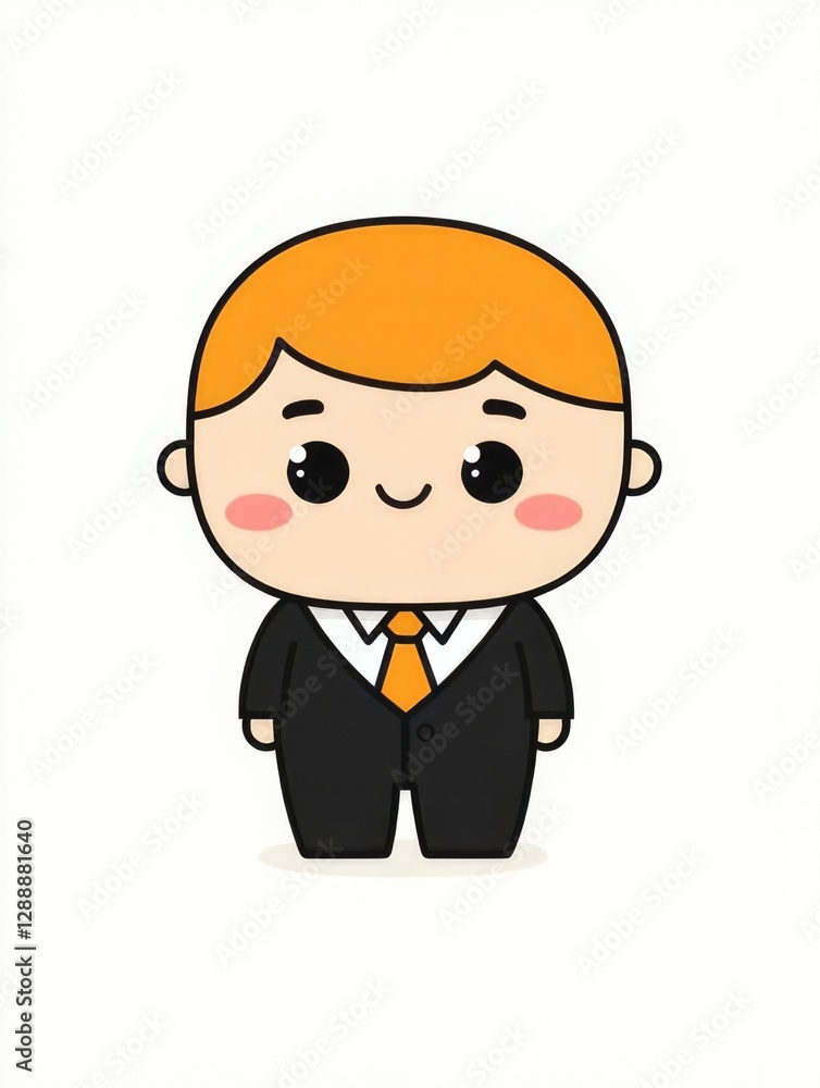 This charming illustration showcases a stylish boy in a sleek black suit with an orange tie, ideal for fashion-related projects and children's designs. This charming illustration showcases a stylish boy in a sleek black suit with an orange tie, ideal for fashion-related projects and children's designs.