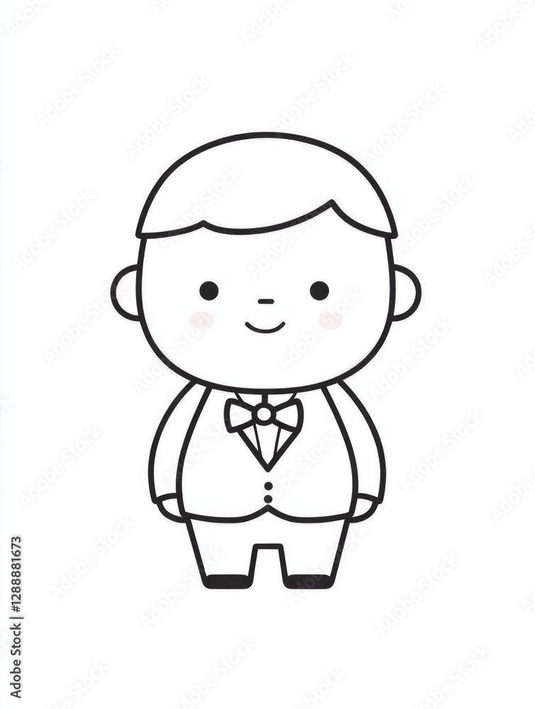 This adorable illustration features a cheerful boy in a suit, wearing a bow tie, perfect for children's merchandise or as a charming character in branding. This adorable illustration features a cheerful boy in a suit, wearing a bow tie, perfect for children's merchandise or as a charming character in branding.