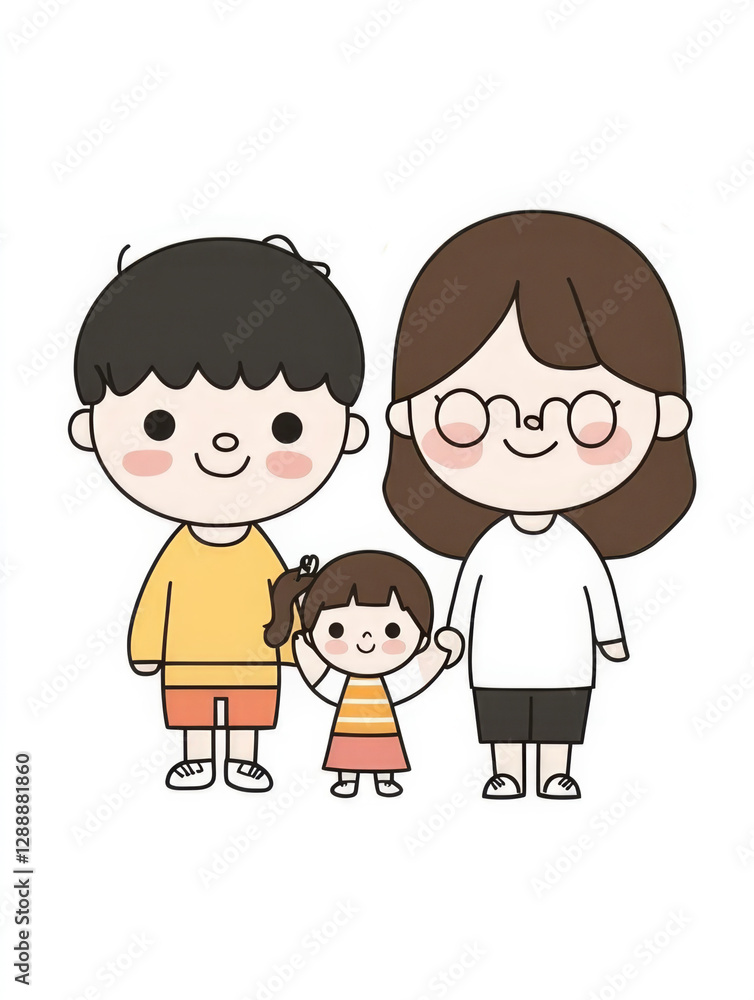 A delightful family portrait showcasing a smiling family in a modern, cartoonish style, filled with vibrant colors that represents joy, love, and togetherness. A delightful family portrait showcasing a smiling family in a modern, cartoonish style, filled with vibrant colors that represents joy, love, and togetherness.