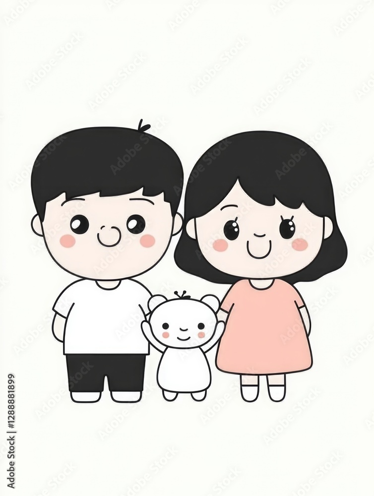 An adorable family portrait featuring parents and a child, all with cheerful expressions, designed in a cute cartoon style that radiates warmth and love. An adorable family portrait featuring parents and a child, all with cheerful expressions, designed in a cute cartoon style that radiates warmth and love.