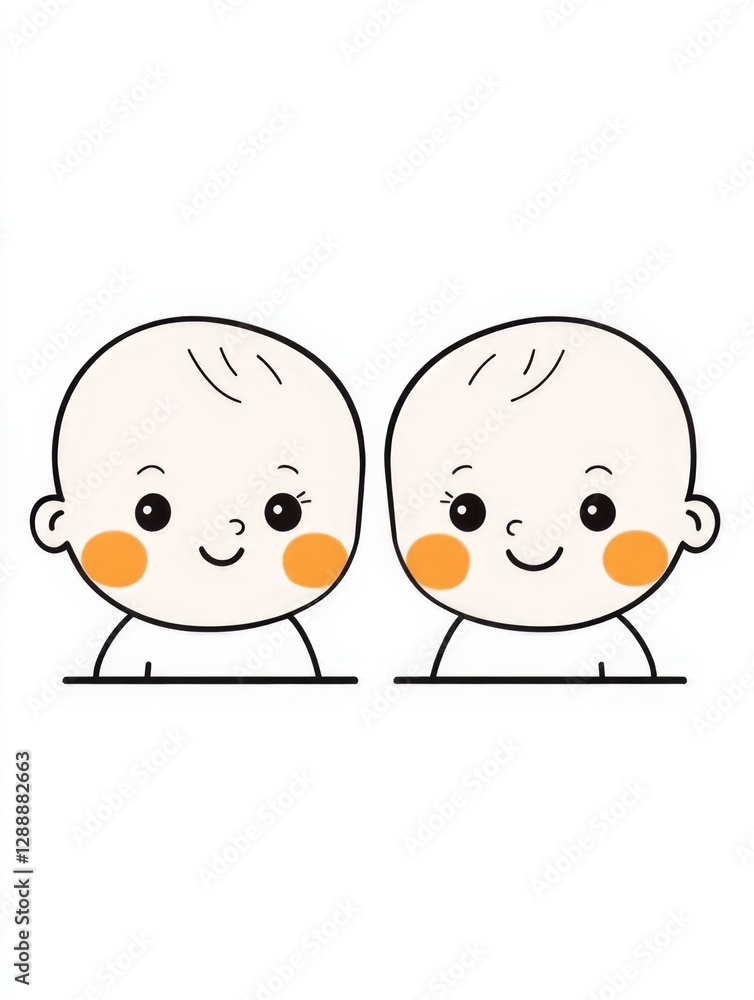 This charming illustration features two smiling cartoon babies with big cheeks and bright eyes, embodying innocence and joy in a playful design. This charming illustration features two smiling cartoon babies with big cheeks and bright eyes, embodying innocence and joy in a playful design.