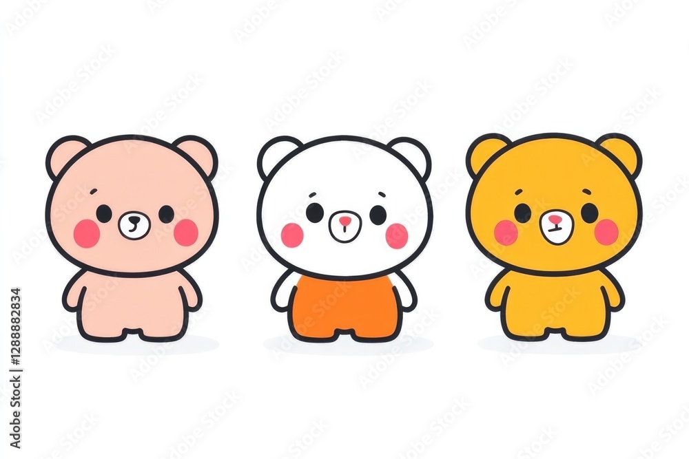 This delightful image features three cute cartoon bears, each with distinct colors and cheerful expressions, perfect for children's content. This delightful image features three cute cartoon bears, each with distinct colors and cheerful expressions, perfect for children's content.
