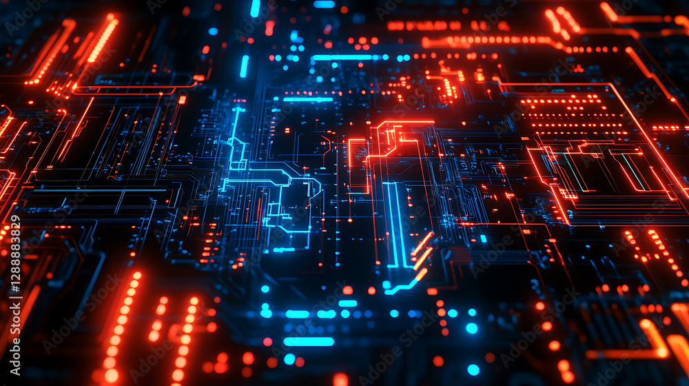 Hi-tech neon circuit board, electric blue and fiery red Hi-tech neon circuit board, electric blue and fiery red