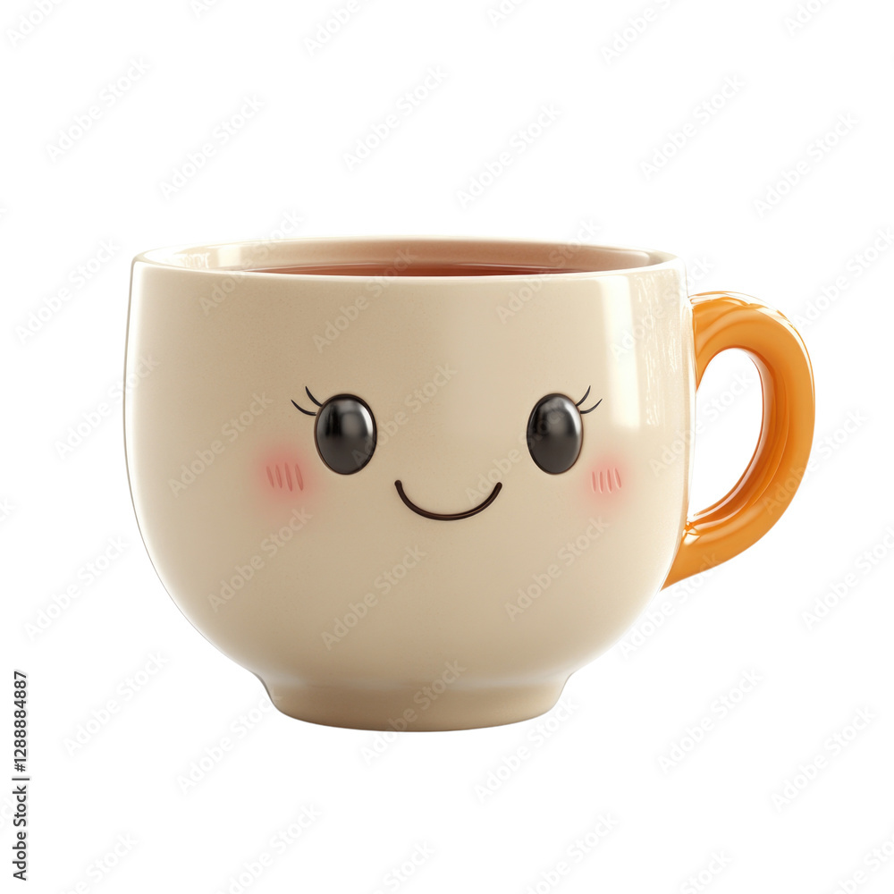 Cute smiling mug with orange handle on transparent background, PNG Cute smiling mug with orange handle on transparent background, PNG