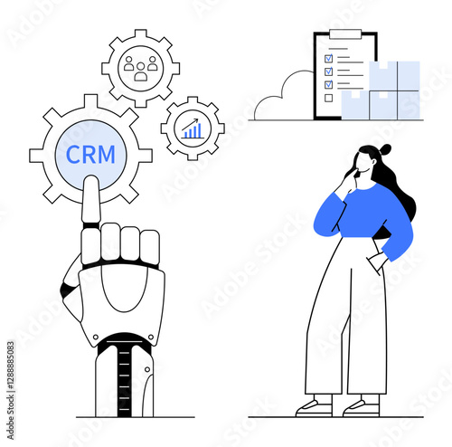 Robotic hand engages CRM icon within gears, thoughtful woman ponders, checklist implies organization. Ideal for automation, technology, strategy, organization, efficiency, digital transformation