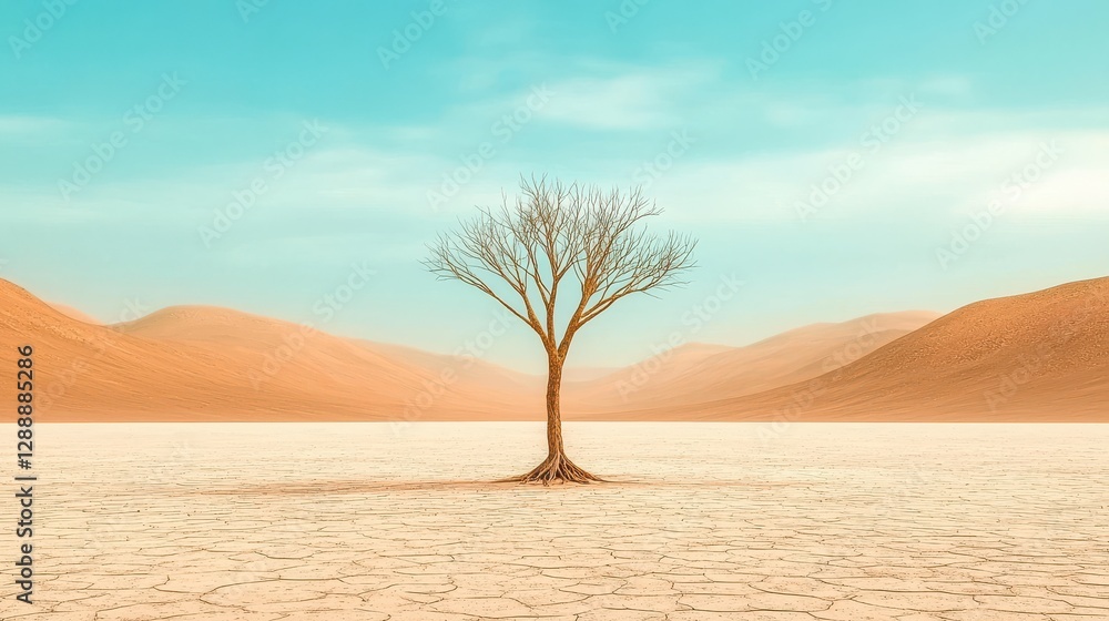 Isolated dead tree symbolizing climate change vast desert landscape Isolated dead tree symbolizing climate change vast desert landscape