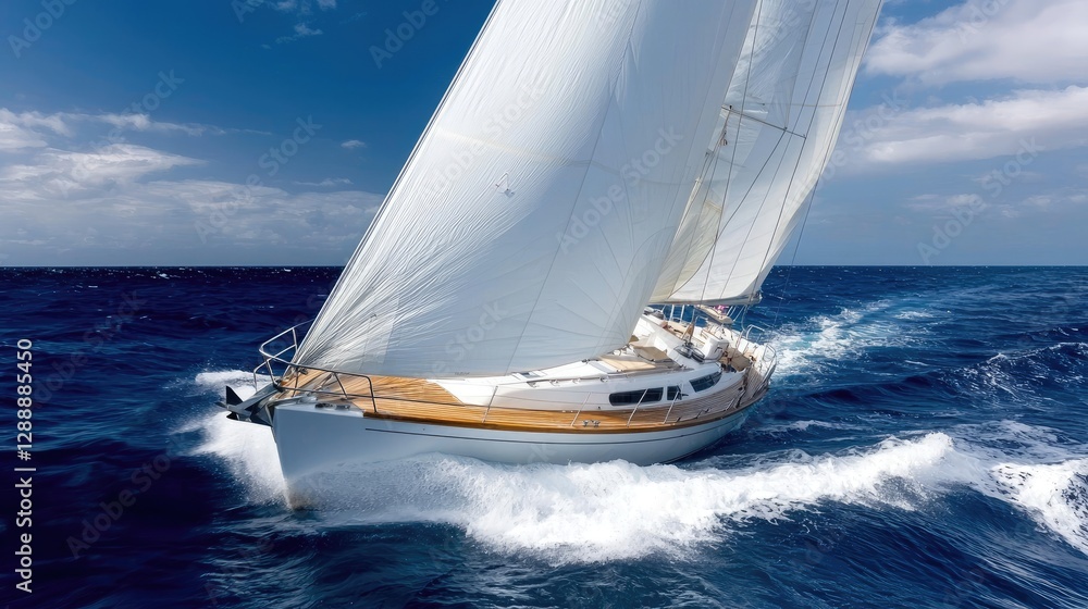 Fototapeta premium Sailing yacht, ocean, blue sky, fast moving. Possible use Stock photo for travel, leisure, boats, sailing