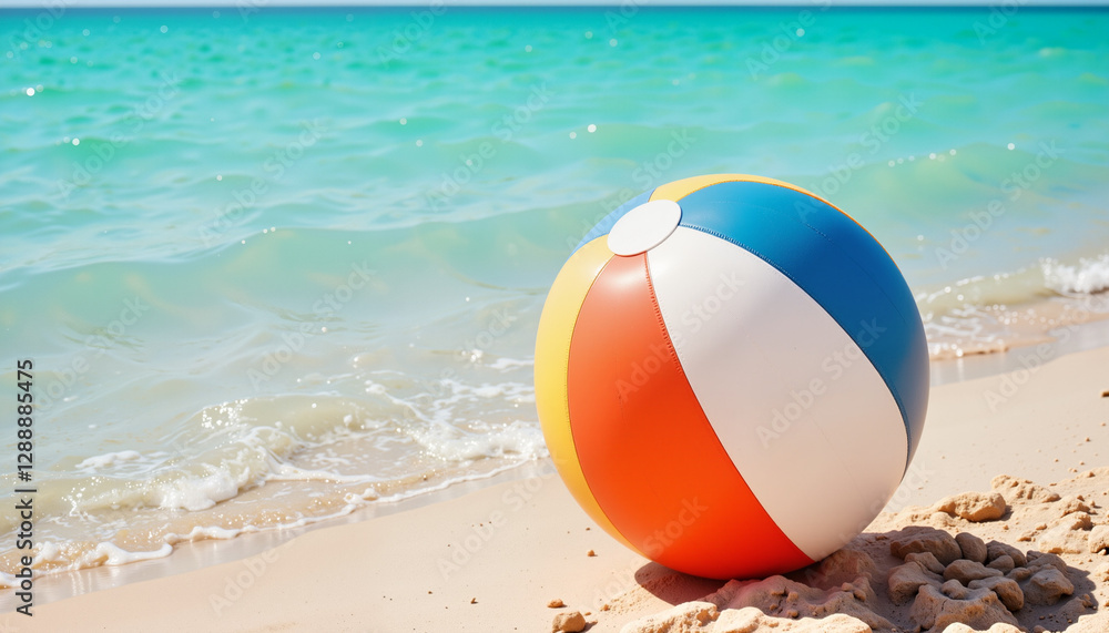Obraz premium Vibrant beach ball resting on sunny shore with gentle waves, summer fun