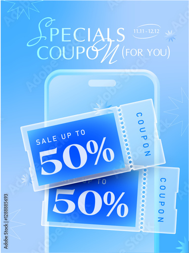 3d couple of glass morphism coupon with coupon code, price off on a smartphone, isolated on blue background. Transparent gift e-voucher banner template in 3d vector . Vector illustration