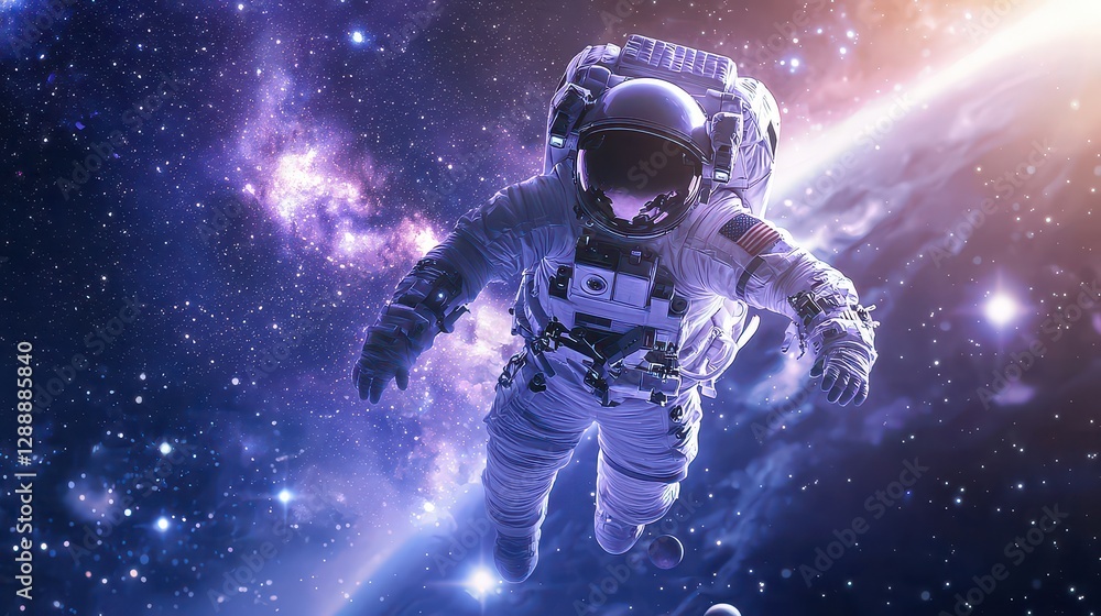 A deep-space astronaut floats between planets, illuminated by a radiant galactic nebula A deep-space astronaut floats between planets, illuminated by a radiant galactic nebula