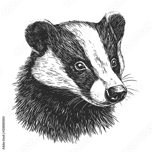 Forest animal badger illustration, black sketch effect, trendy print design, vintage art, antique style, nocturnal, old engraving, vector, wildlife, white background.