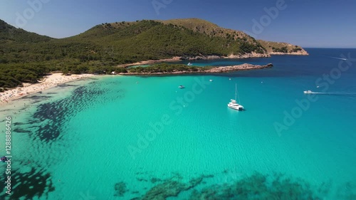 Mallorca (Majorca) island best scenic beaches -  Agulla with crystal turquoise sea. aerial dron 4k hd video. Spain, Balearic islands