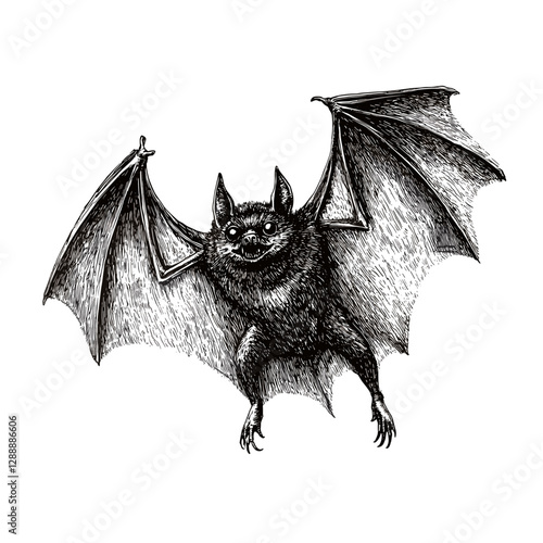 Old engraving style hand-drawn bat, black sketch effect, trendy illustration, vintage art, animal print, nature sketch, bat drawing, white background.