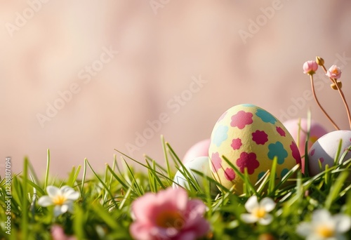 Beautifully decorated Easter eggs with intricate designs placed on fresh green grass, celebrating the joy and creativity of Easter traditions photo