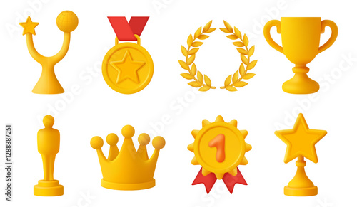 Champions rewards and awards for victory. Vector isolated icon in 3d style, winners trophy cups, stars and crown, medals and badges with copy space. Celebration of tournament, leadership
