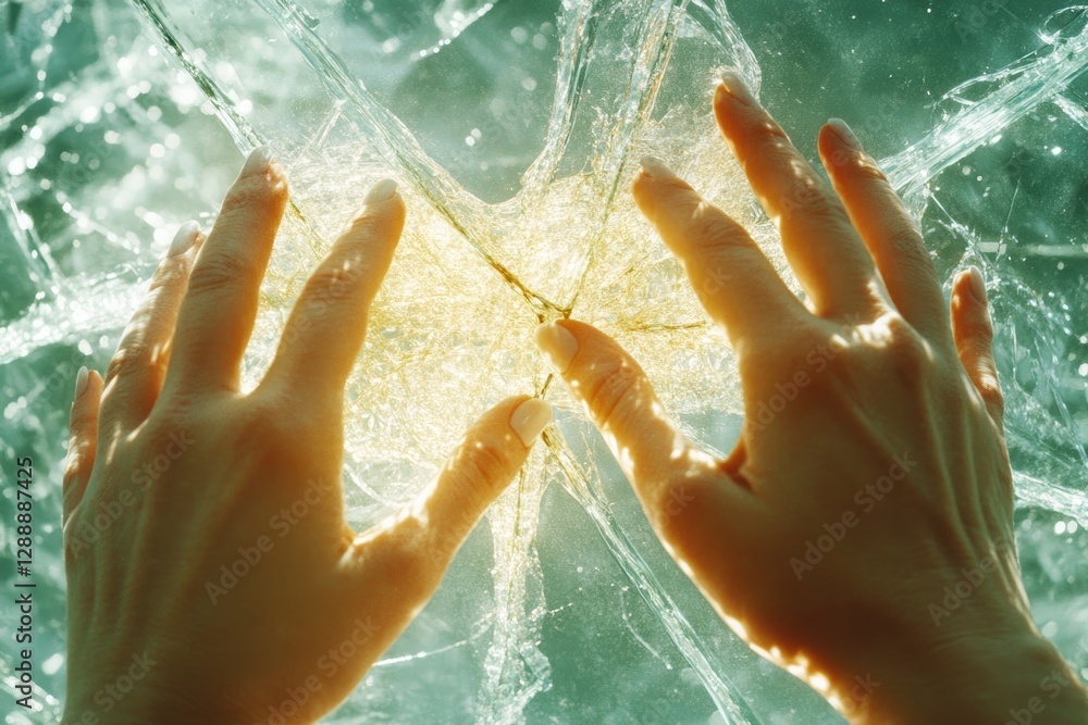 Fototapeta premium Hands breaking through water surface, creating dynamic splashes