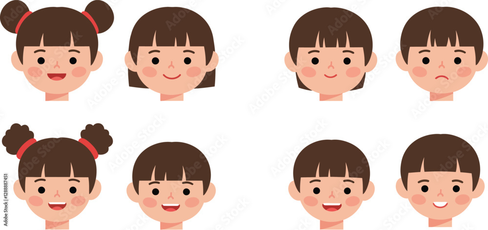 Two Sets of Cartoon Faces Showing Different Emotions and Hairstyles for Kids Two Sets of Cartoon Faces Showing Different Emotions and Hairstyles for Kids