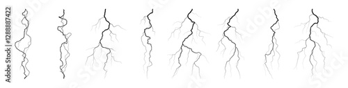 Thunderbolts isolated set. Vector realistic energy discharge of lightning. Power electrical light spark, blitz or flash. Burst of bolts for weather conditions or game landscape design collection