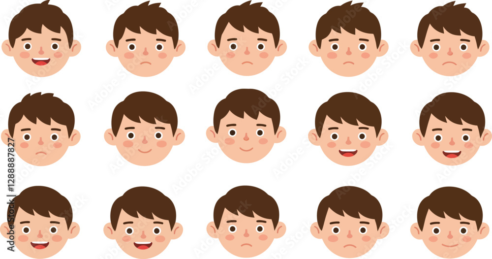 Set of cartoon faces displaying various emotions and expressions in a grid layout Set of cartoon faces displaying various emotions and expressions in a grid layout