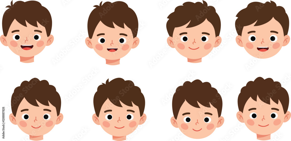 Eight illustrations of boys facial expressions showing various emotions and moods Eight illustrations of boys facial expressions showing various emotions and moods