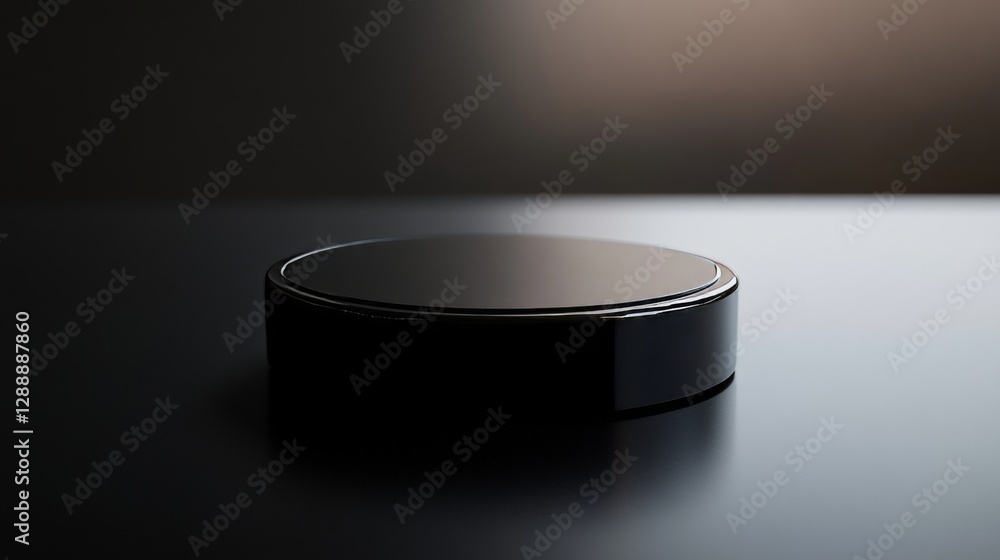 Φωτογραφία A close up view of an ice hockey puck on a rink with skates and sticks in the ba