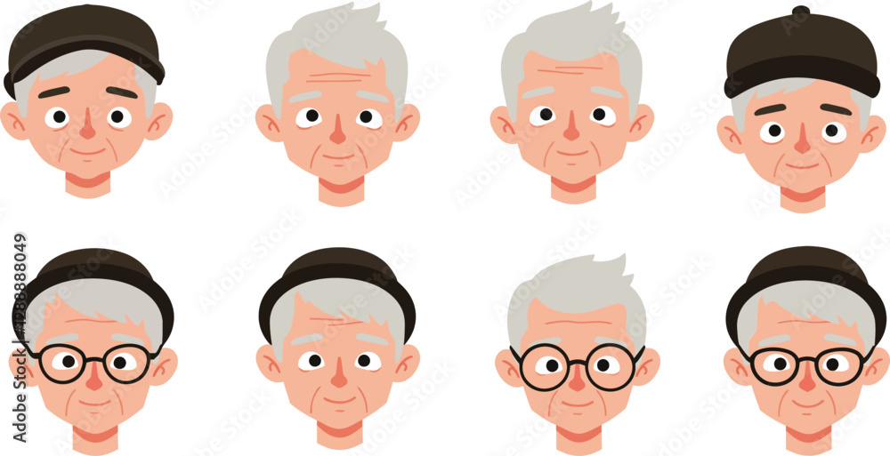 Eight different expressions of an elderly man with varying hairstyles and accessories Eight different expressions of an elderly man with varying hairstyles and accessories