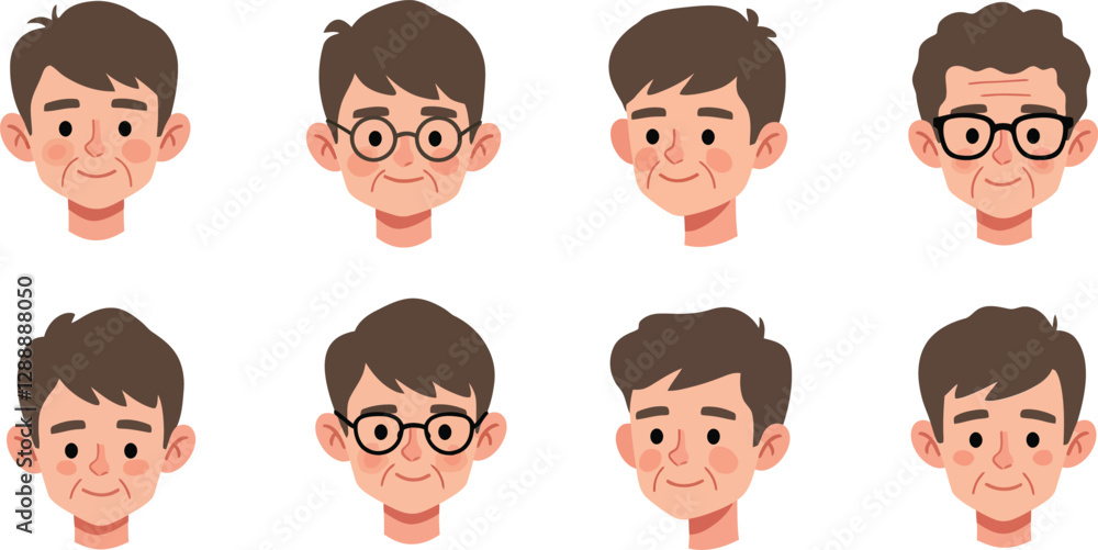 Eight animated faces showcasing different expressions and glasses styles in a grid layout Eight animated faces showcasing different expressions and glasses styles in a grid layout