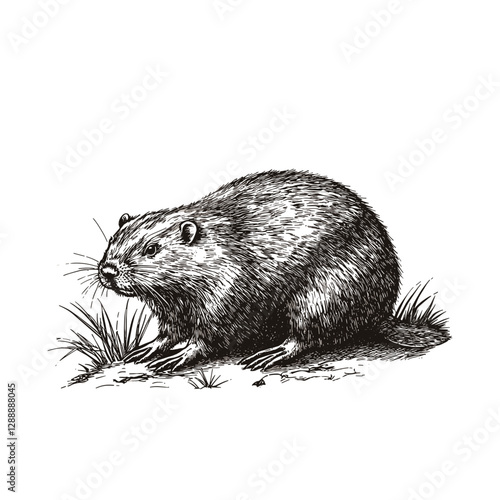 Vintage wildlife illustration of a hand-drawn beaver, aquatic animal in antique style, black sketch effect, vector print design, rodent, nature, wildlife art, aquatic creature, retro art