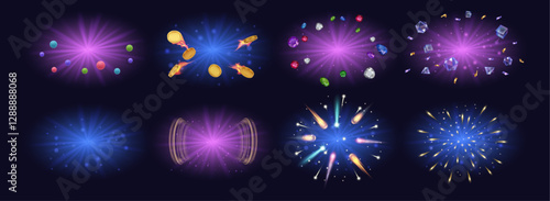 Banners design set, isolated fireworks and shining effect. Vector realistic coins with flames, confetti and diamonds flying. Precious gemstones, copy space for banner or text sparkling light