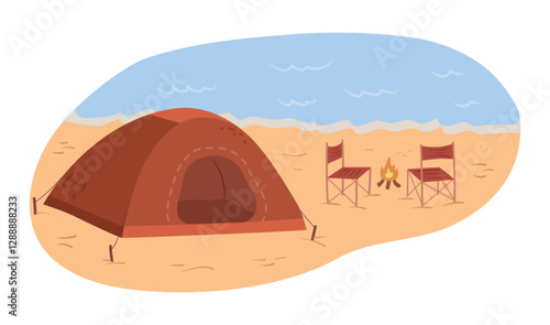 Rest near to sea, tent, chairs and campfire on beach. Vector adventures by seaside. Summer vacation in nature. Beauty of coastline with experience of outdoor living. Camping area landscape