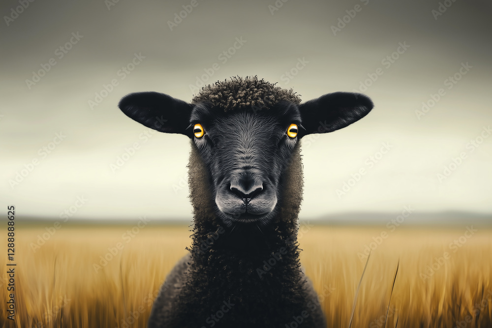 Fototapeta premium striking black sheep standing in a golden field with an intense gaze