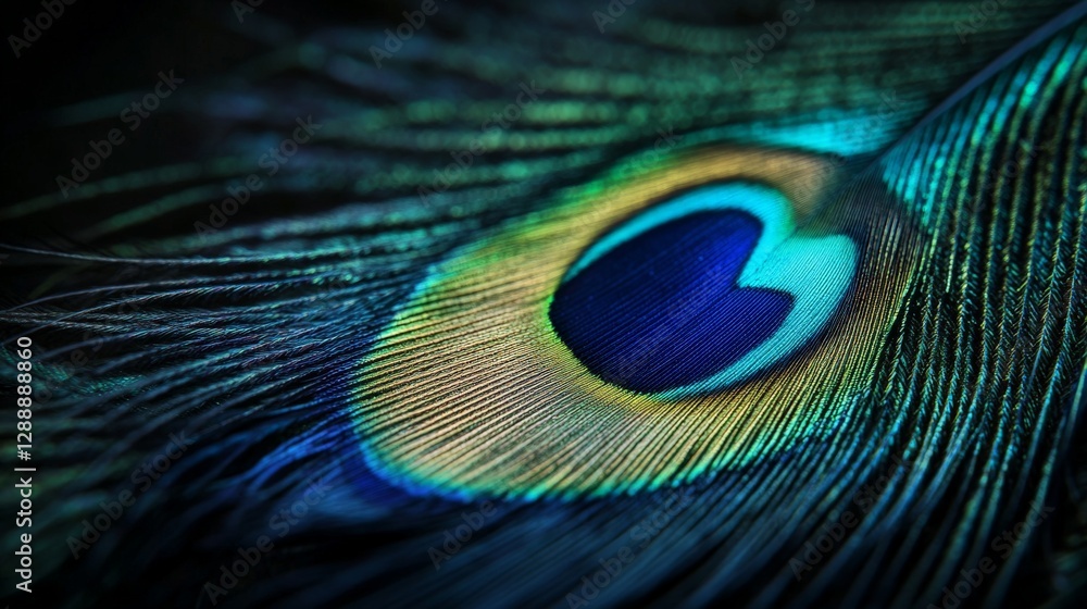 Fototapeta premium Vibrant close-up of peacock feather with iridescent colors and detailed patterns
