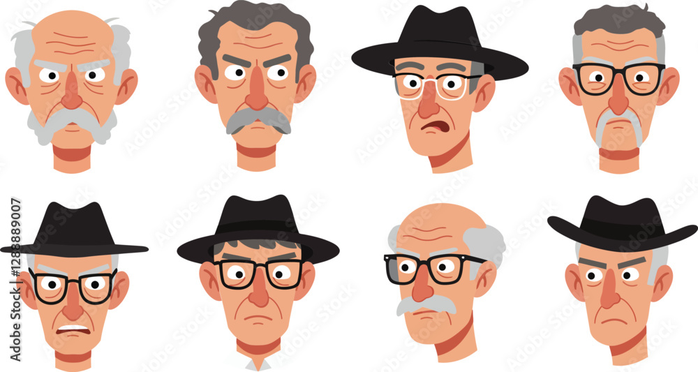 Collection of expressive cartoon faces with varying emotions and accessories in a grid layout Collection of expressive cartoon faces with varying emotions and accessories in a grid layout